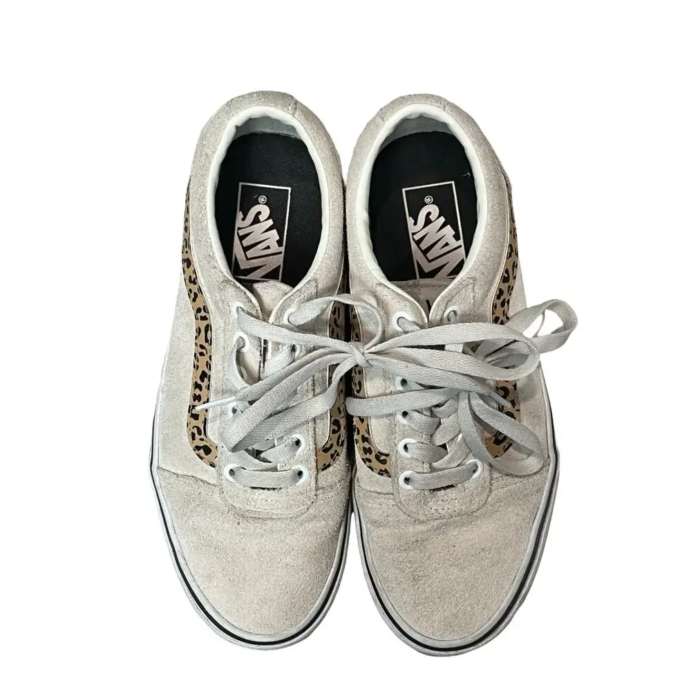 VANS Women 8.5 Sneakers Low Top Cream‎ Suede Leopard Old Skool Lace Up Skate